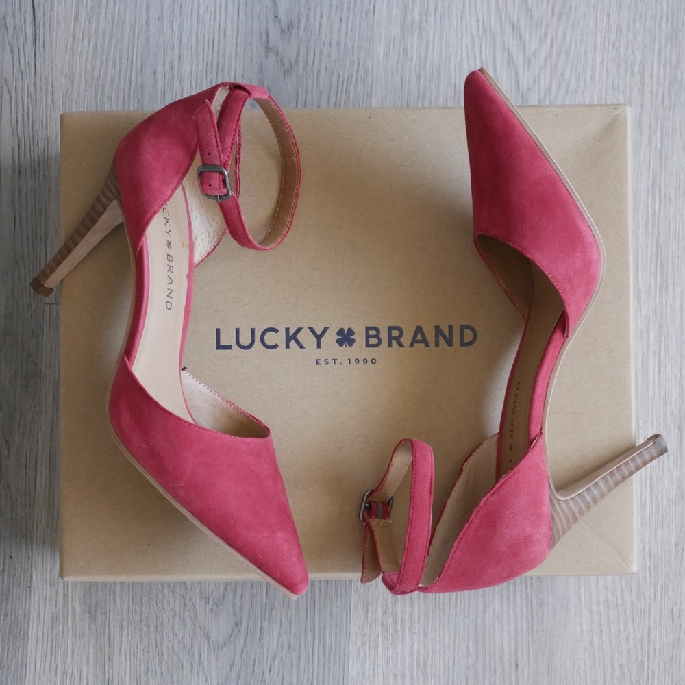 Lucky Brand red suede point toe heels with ankle strap
